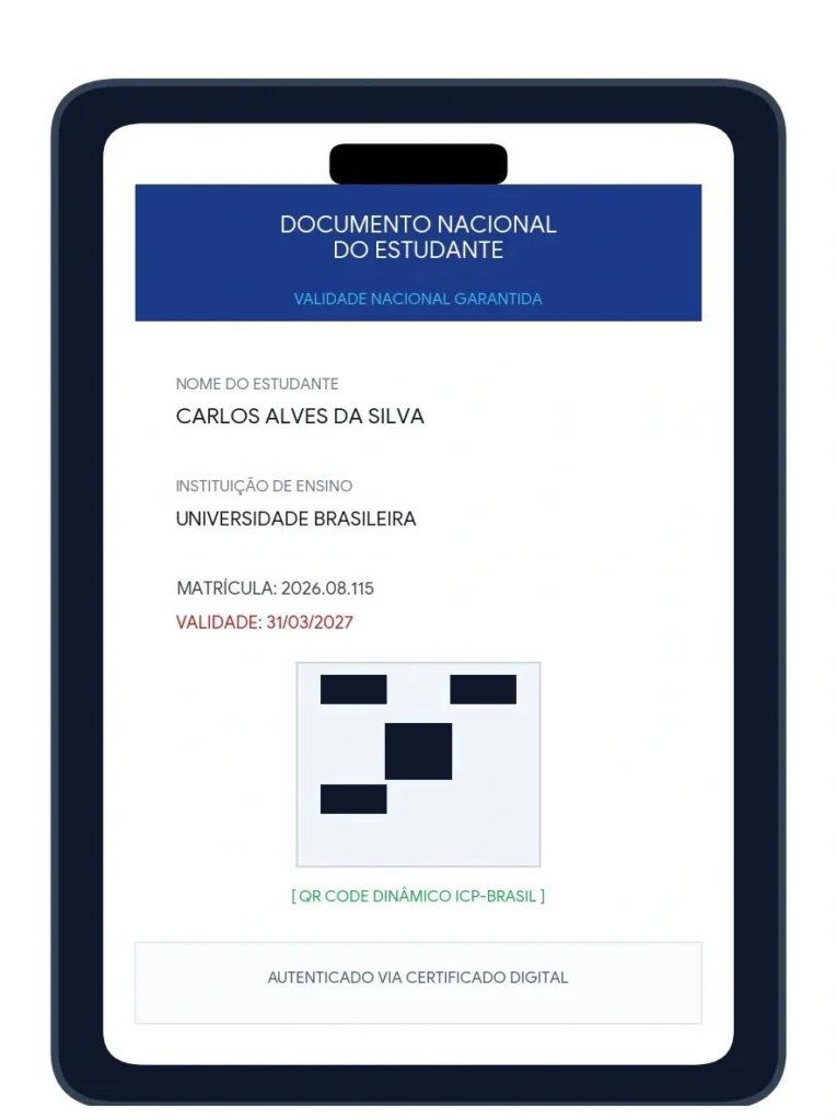 Tela de smartphone exibindo o QR Code da carteira nacional do estudante digital