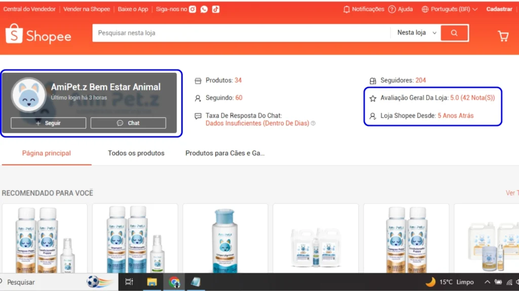 Print da tela de avaliações da loja oficial AmiPetz na Shopee com pontuação máxima de 5 estrelas e depoimentos reais de clientes satisfeitos.