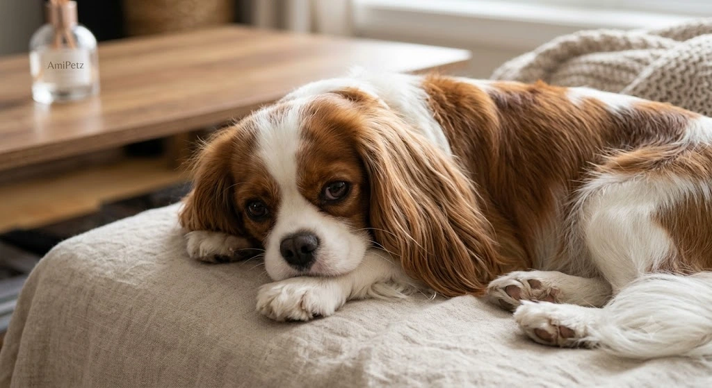Fotografia realista em plano detalhe de um cachorro de raça Cavalier deitado, exibindo pelagem longa, limpa, brilhante e totalmente sedosa após o banho.