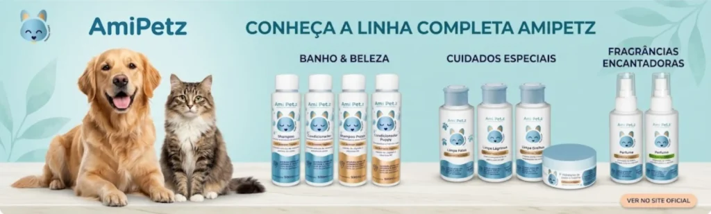 Banner oficial com fundo azul apresentando um cachorro Golden Retriever e um gato ao lado de kits de cosméticos pet divididos por categorias como banho, cuidados especiais e perfumes.