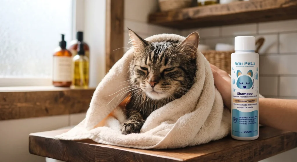 Gato tigrado limpo e relaxado após o banho com shampoo vegano AmiPetz, envolto em uma toalha clara.
